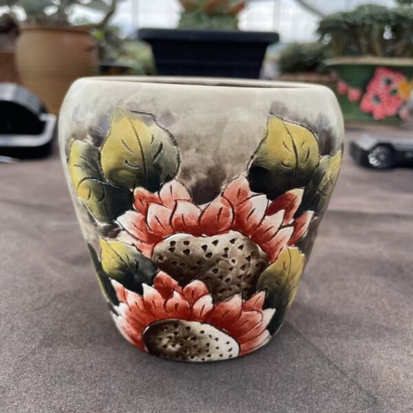 002. Purple pottery hand-painted flower pot–Sunflower